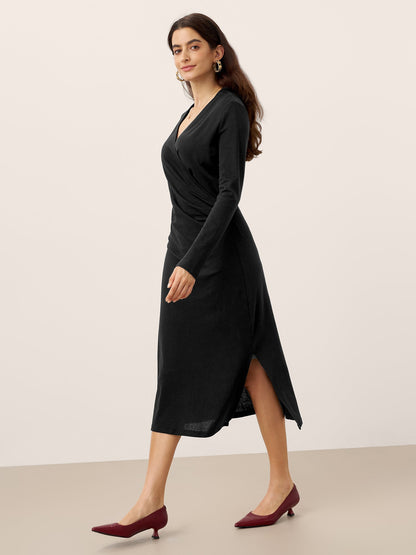 Linen Crossover V-Neck Wrap Stretch Midi Dress - MYSTERYBOXS