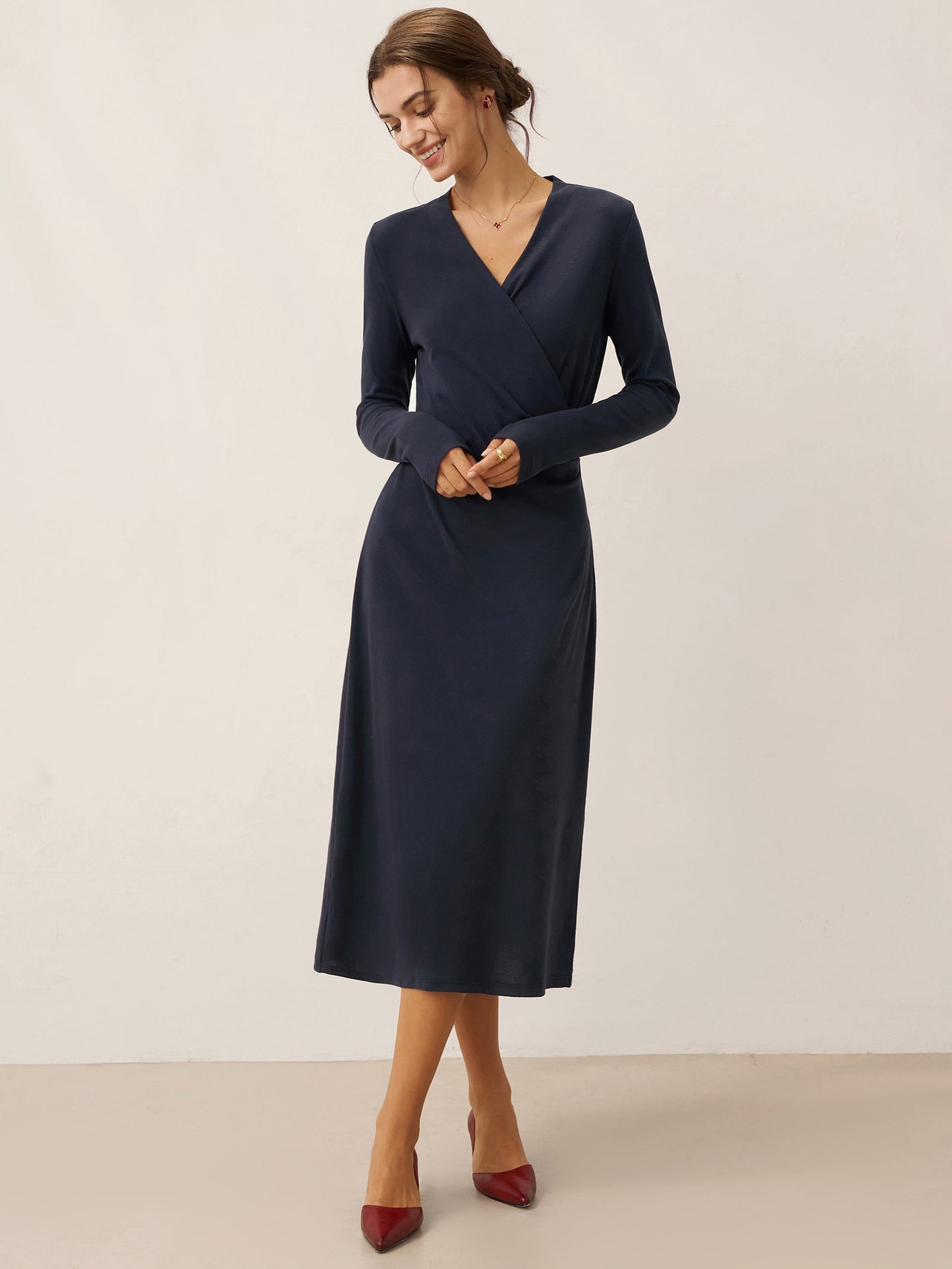 Linen Crossover V-Neck Wrap Stretch Midi Dress - MYSTERYBOXS