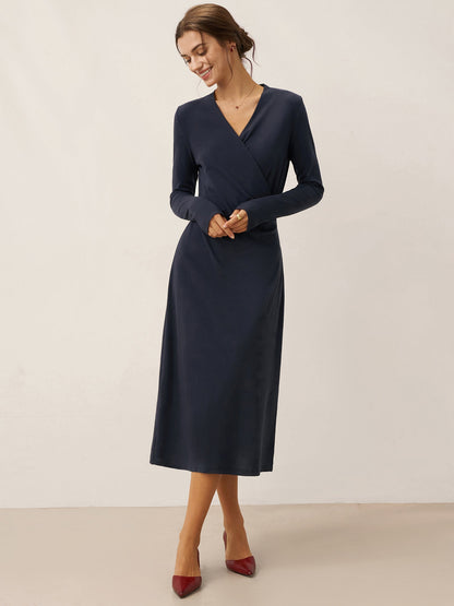 Linen Crossover V-Neck Wrap Stretch Midi Dress - MYSTERYBOXS