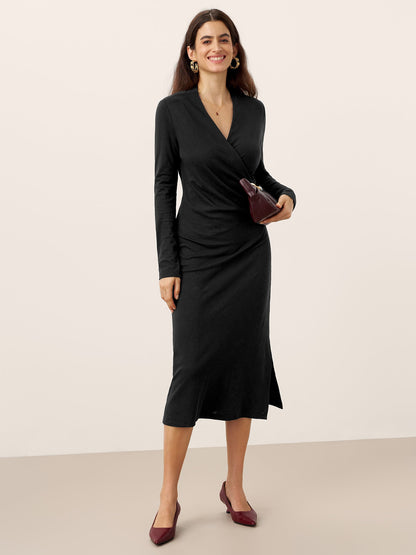 Linen Crossover V-Neck Wrap Stretch Midi Dress - MYSTERYBOXS