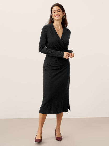Linen Crossover V-Neck Wrap Stretch Midi Dress - MYSTERYBOXS