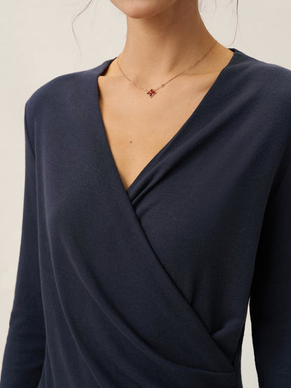 Linen Crossover V-Neck Wrap Stretch Midi Dress - MYSTERYBOXS