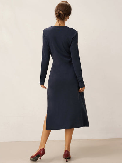 Linen Crossover V-Neck Wrap Stretch Midi Dress - MYSTERYBOXS