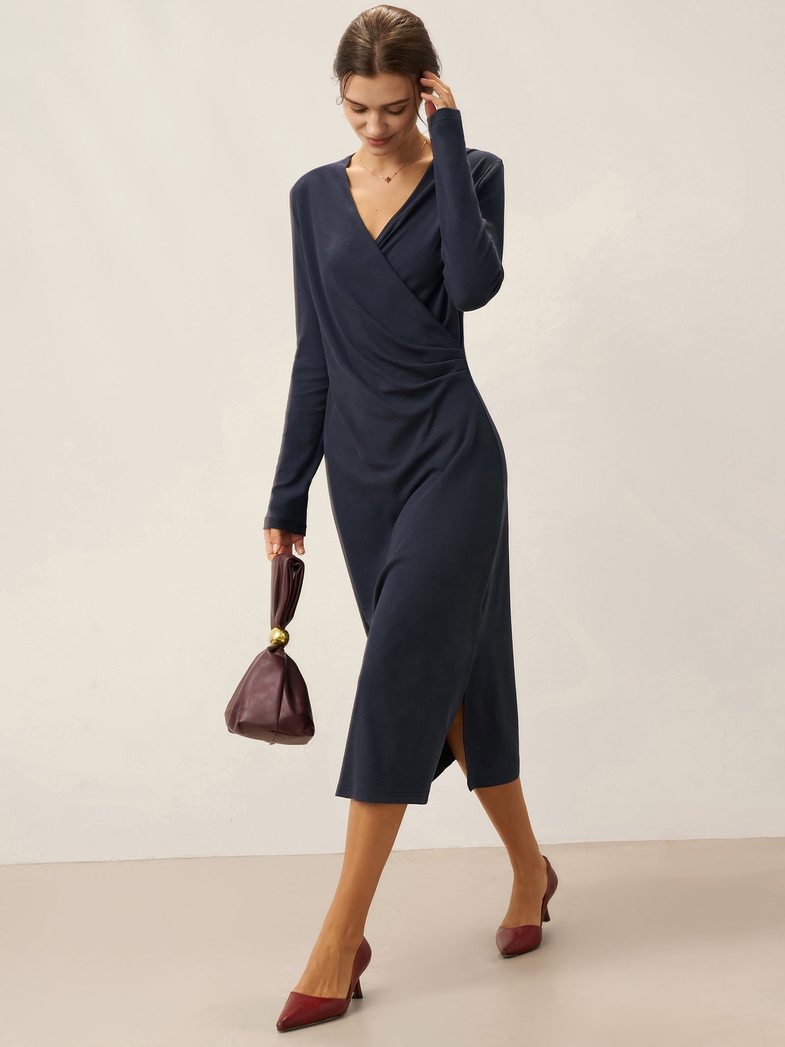 Linen Crossover V-Neck Wrap Stretch Midi Dress - MYSTERYBOXS