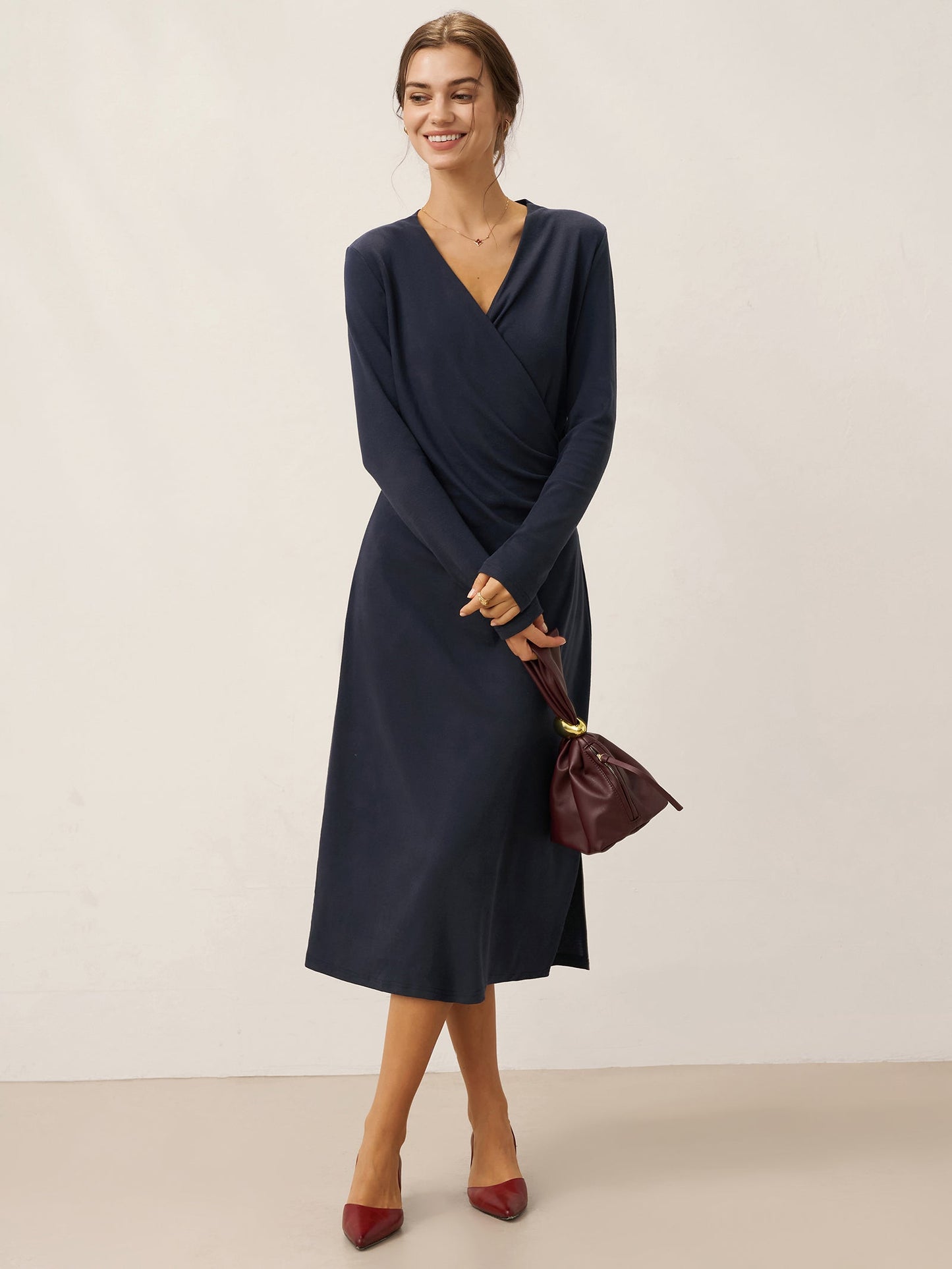 Linen Crossover V-Neck Wrap Stretch Midi Dress - MYSTERYBOXS