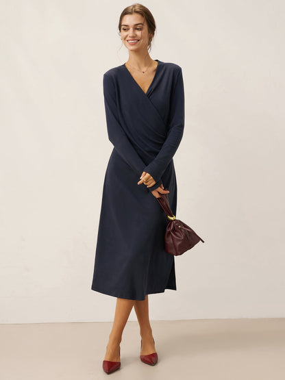 Linen Crossover V-Neck Wrap Stretch Midi Dress - MYSTERYBOXS