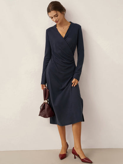 Linen Crossover V-Neck Wrap Stretch Midi Dress - MYSTERYBOXS