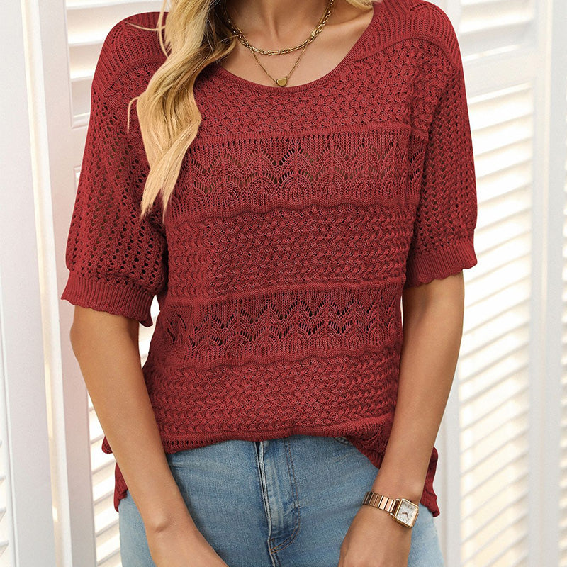 Women's sweater with round neck, short sleeves and cutout pattern - MYSTERYBOXS