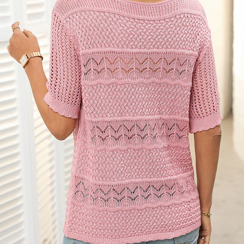 Women's sweater with round neck, short sleeves and cutout pattern - MYSTERYBOXS