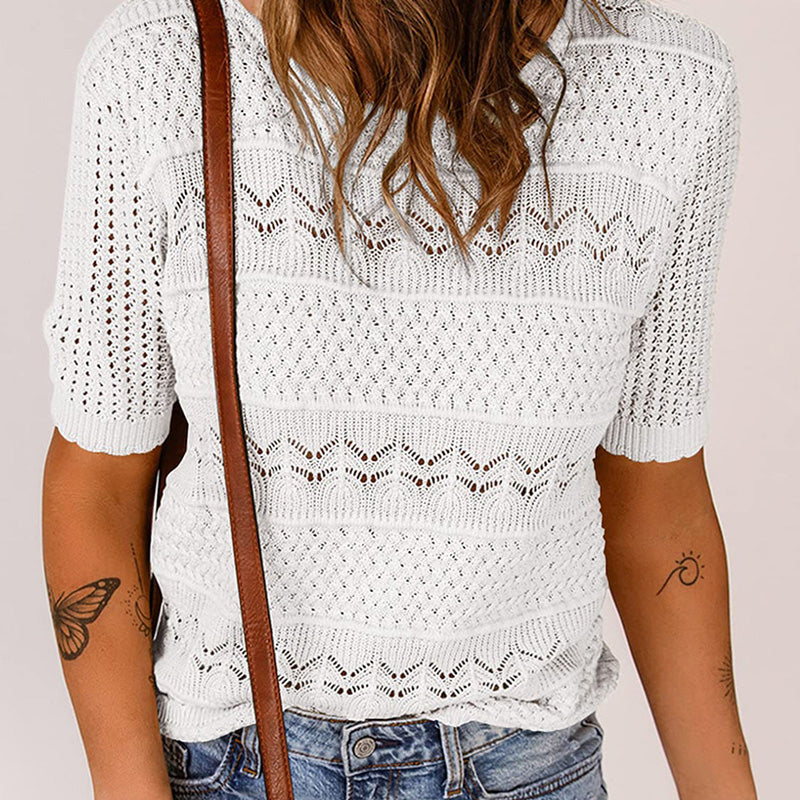Women's sweater with round neck, short sleeves and cutout pattern - MYSTERYBOXS
