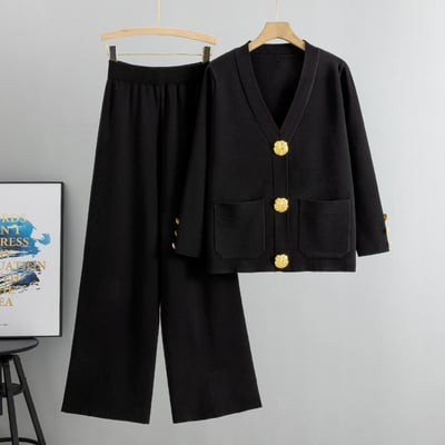 Fashion Metal Button Knit Wool Sweater Wide Leg Pants Set - MYSTERYBOXS