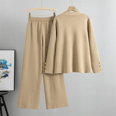 Fashion Metal Button Knit Wool Sweater Wide Leg Pants Set - MYSTERYBOXS