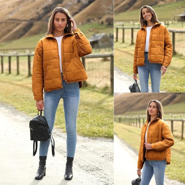 SCUSTY Women's Quilted Puffer Jacket Long Sleeve Zip Up Oversized Lightweight Padded Down Coat Outerwear - MYSTERYBOXS