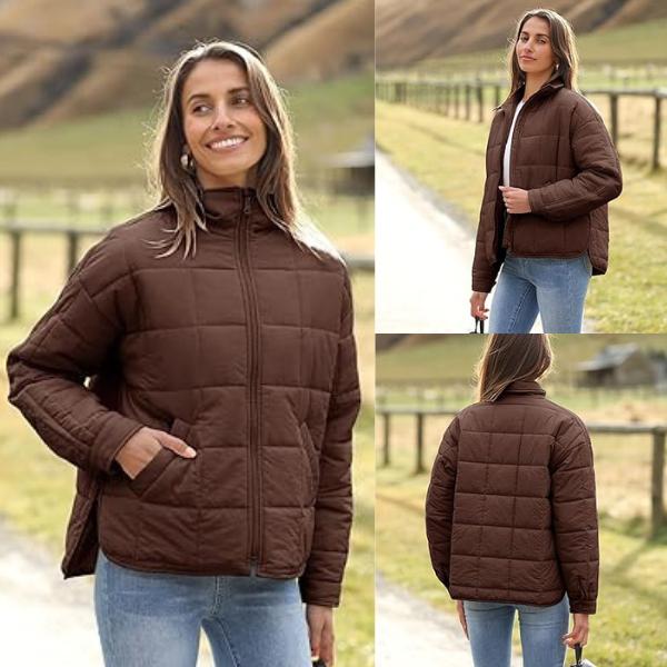 SCUSTY Women's Quilted Puffer Jacket Long Sleeve Zip Up Oversized Lightweight Padded Down Coat Outerwear - MYSTERYBOXS