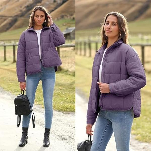 SCUSTY Women's Quilted Puffer Jacket Long Sleeve Zip Up Oversized Lightweight Padded Down Coat Outerwear - MYSTERYBOXS