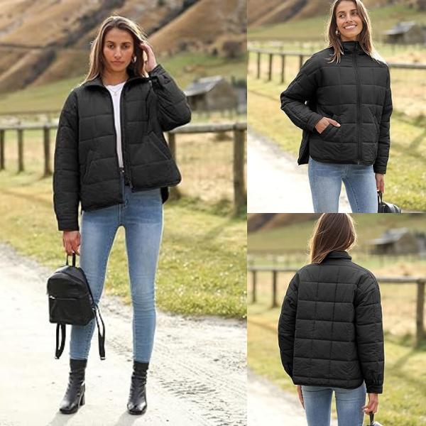 SCUSTY Women's Quilted Puffer Jacket Long Sleeve Zip Up Oversized Lightweight Padded Down Coat Outerwear - MYSTERYBOXS