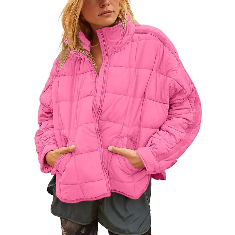 SCUSTY Women's Quilted Puffer Jacket Long Sleeve Zip Up Oversized Lightweight Padded Down Coat Outerwear - MYSTERYBOXS