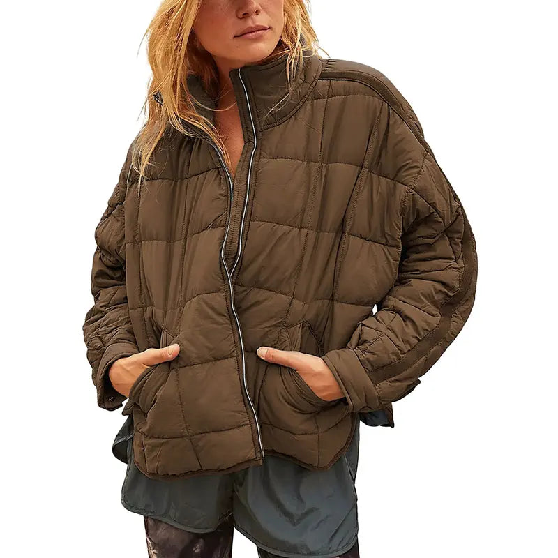 SCUSTY Women's Quilted Puffer Jacket Long Sleeve Zip Up Oversized Lightweight Padded Down Coat Outerwear - MYSTERYBOXS
