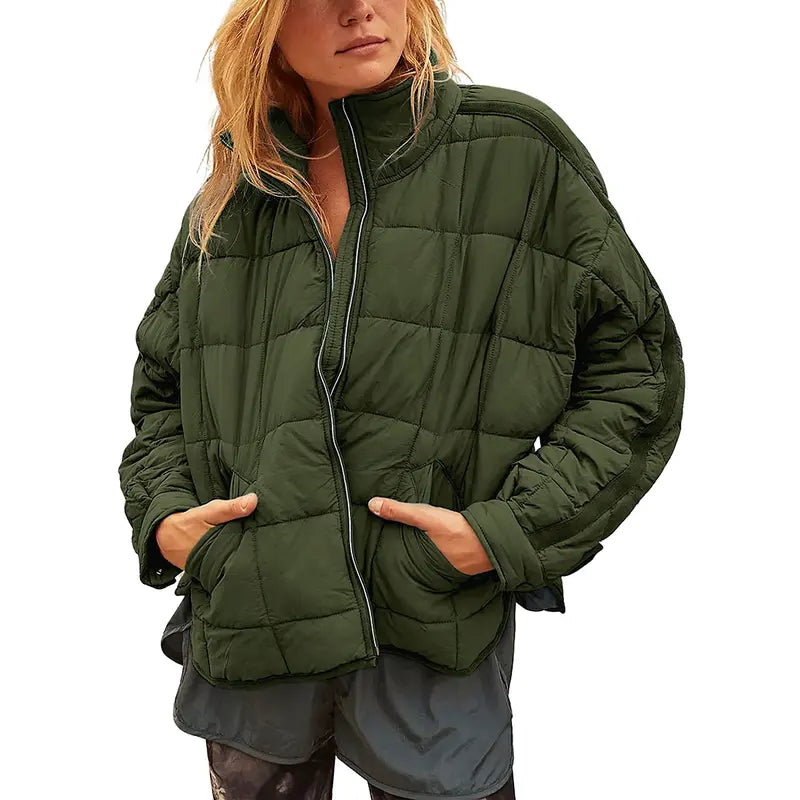 SCUSTY Women's Quilted Puffer Jacket Long Sleeve Zip Up Oversized Lightweight Padded Down Coat Outerwear - MYSTERYBOXS