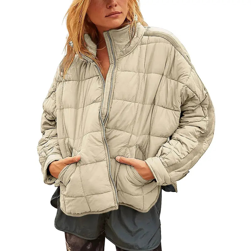 SCUSTY Women's Quilted Puffer Jacket Long Sleeve Zip Up Oversized Lightweight Padded Down Coat Outerwear - MYSTERYBOXS