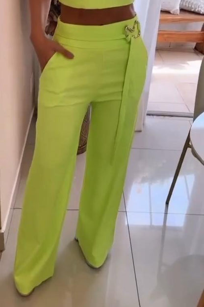 Women's Fashion Solid Color Suspender V-Neck Top Wide Leg Casual Pants Two-Piece Set - MYSTERYBOXS