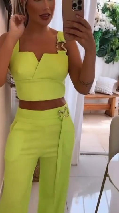 Women's Fashion Solid Color Suspender V-Neck Top Wide Leg Casual Pants Two-Piece Set - MYSTERYBOXS