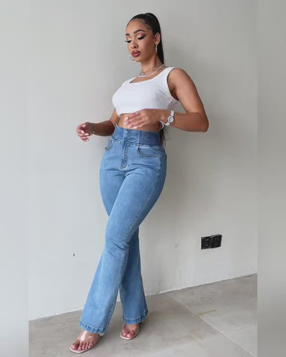 High-waisted gathered button jeans
