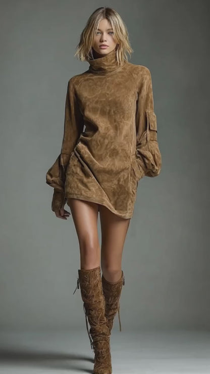 VINTAGE LOOSE SUEDE TURTLENECK MINI DRESS