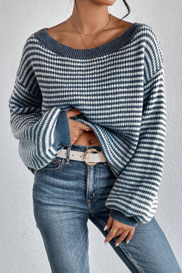 Loose striped off-shoulder knit sweater