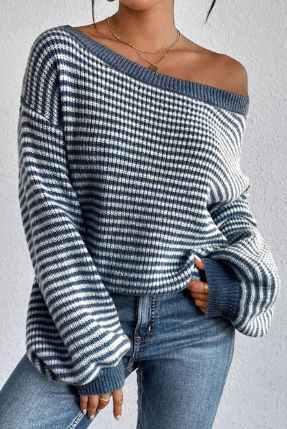 Loose striped off-shoulder knit sweater