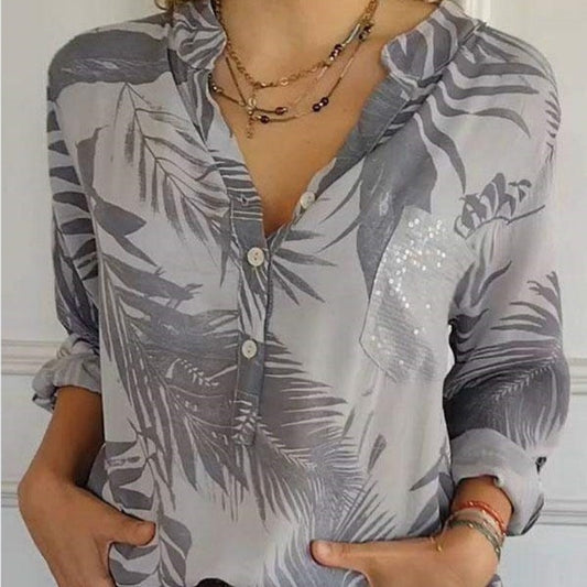 Fashionable women's printed V-neck top