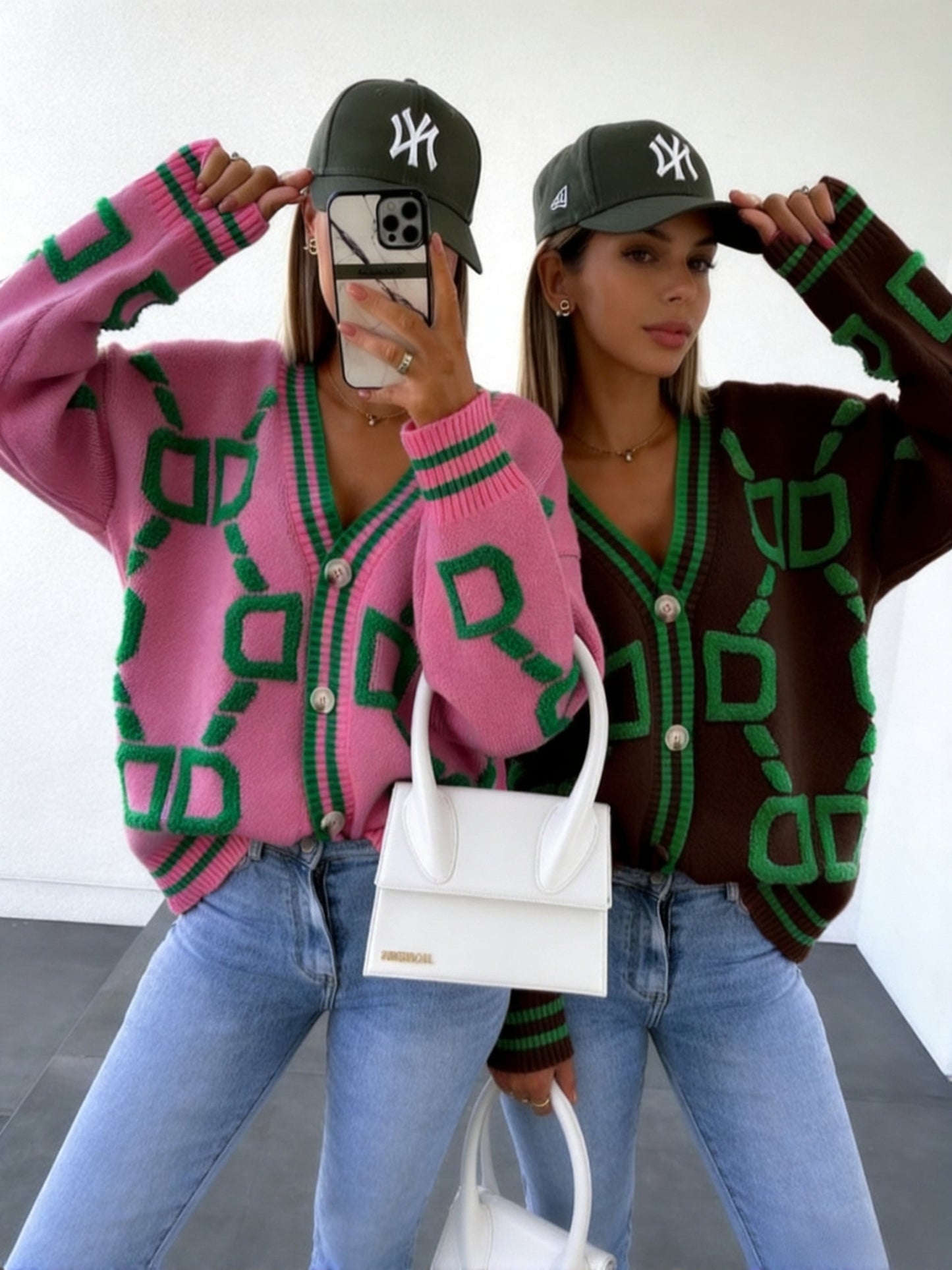 Jacquard color-blocked V-neck button-down cardigan sweater