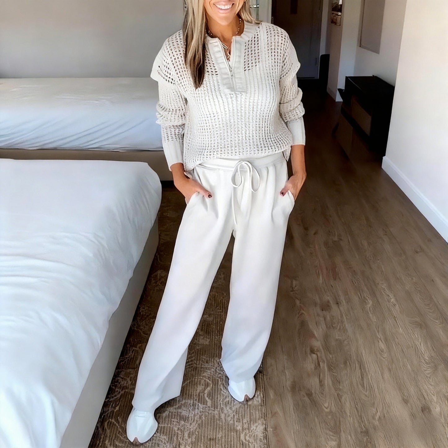 Women Round Neck Plaid Hollow Top + Drawstring Pants Casual Suit