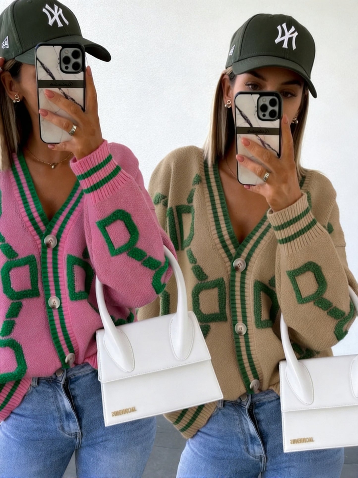 Jacquard color-blocked V-neck button-down cardigan sweater