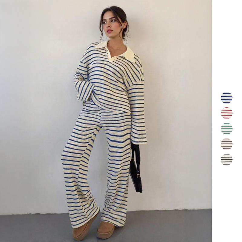 Colorblock striped V-neck loose two-piece set