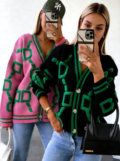 Jacquard color-blocked V-neck button-down cardigan sweater